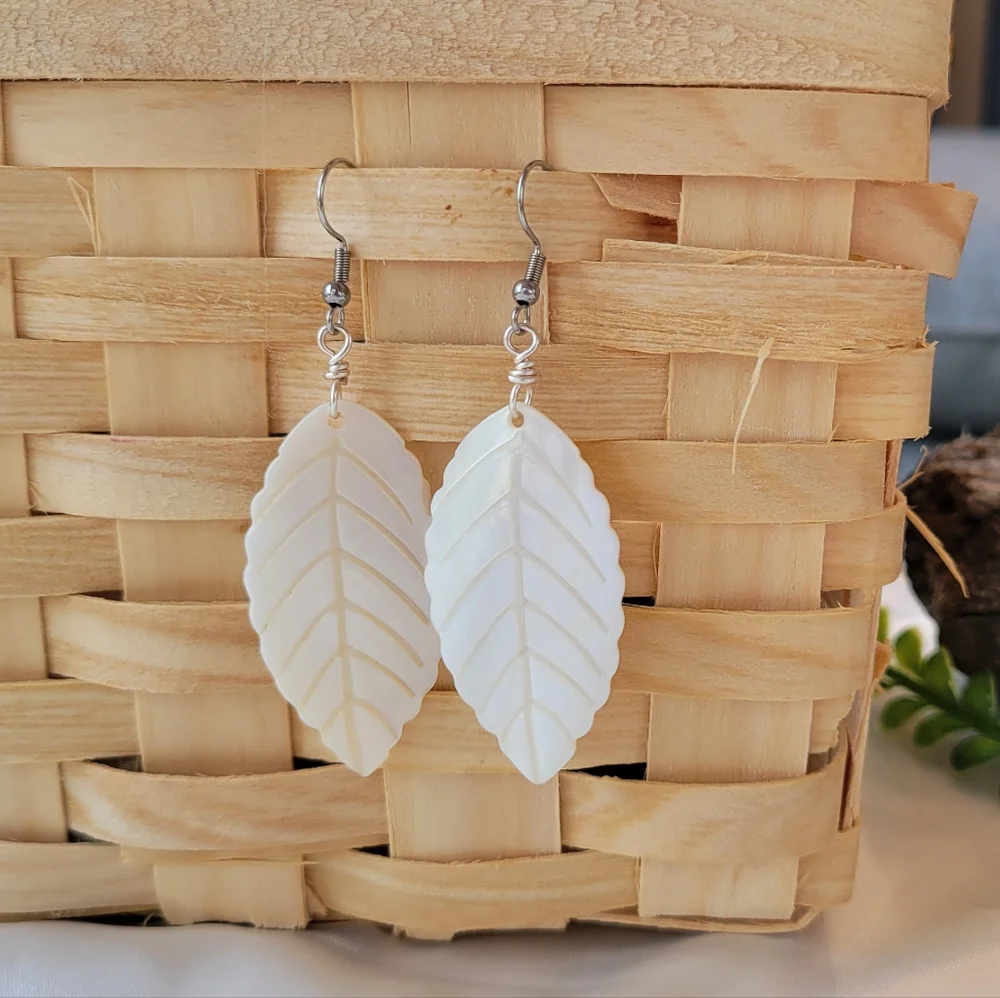 Handmade Mother Of Pearl Shell Leaf Earrings - Picture 2 of 5